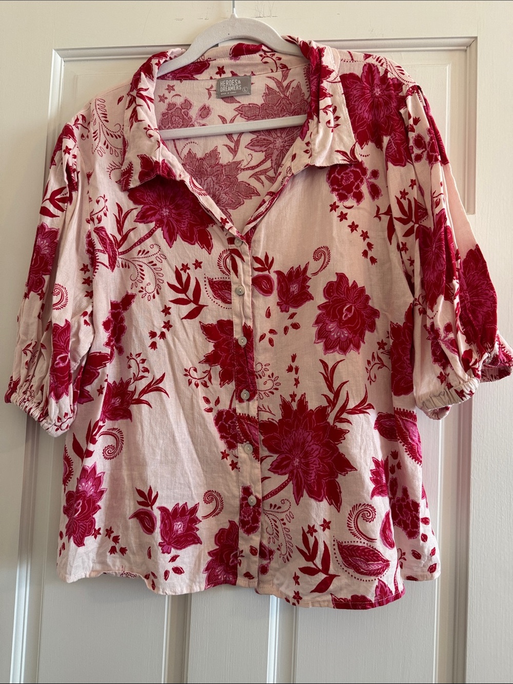Linen Blend Puff Sleeve Button Up Collared Floral Top Pink Red